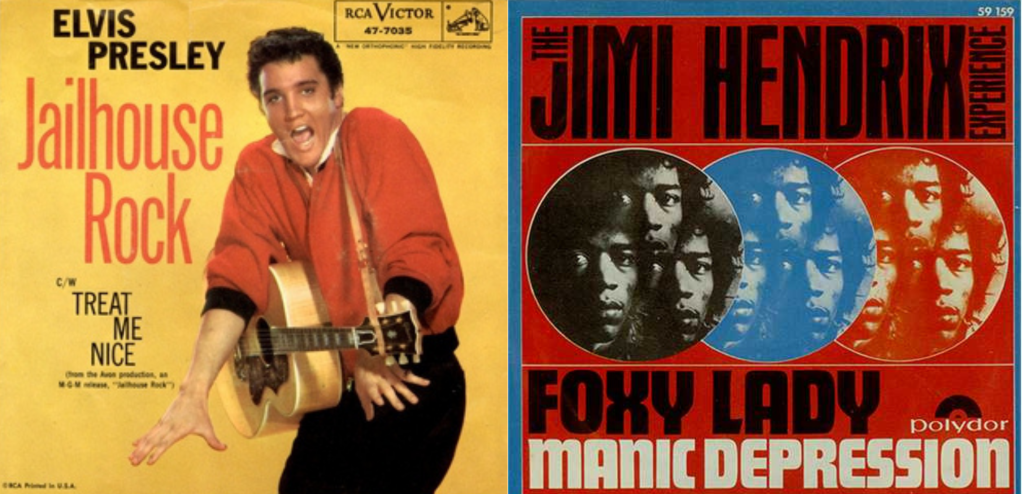 Cover art for Elvis Presley's Jailhouse Rock, featuring Elvis (a young white man) holding an acoustic guitar and gesturing toward the camera, and Jimi Hendrix's Foxy Lady, which features multiple overlapping images of Jimi Hendrix's face in different color tones.