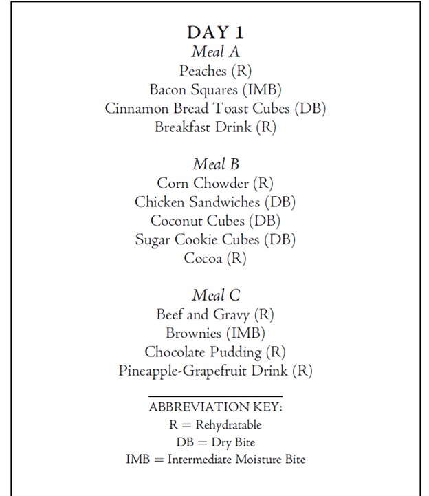 Black text on white, showing a sample Apollo menu. 

Day 1, Meal A: Peaches, bacon squares, cinnamon bread toast cubes, breakfast drink.

Meal B: corn chowder, chicken sandwiches, coconut cubes, sugar cookie cubes, cocoa

Meal C: beef and gravy, brownies, chocolate pudding, pinapple-grapefruit drink