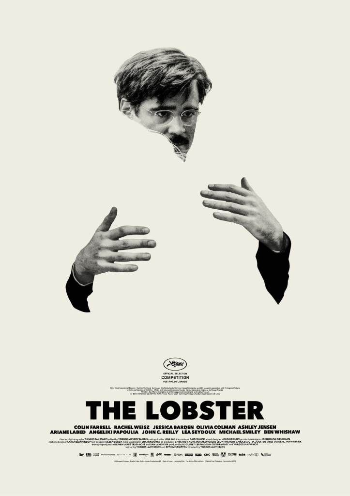 Movie poster for The Lobster, featuring a black-and-white image of Colin Farrell embracing a blank space in the general shape of another person. 